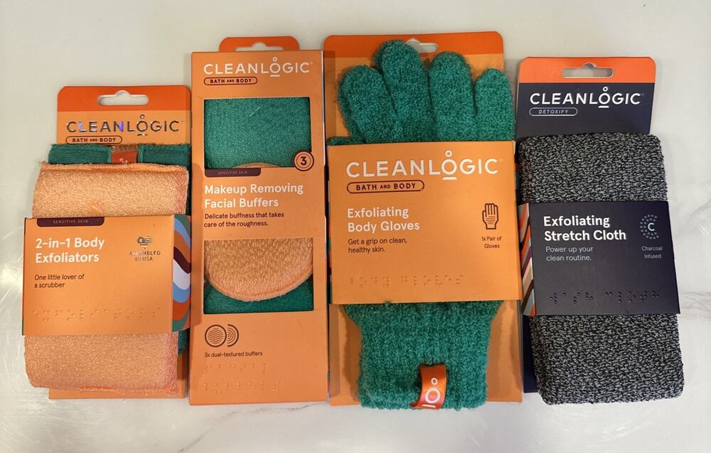 CleanLogic Bundle~7 Items~ Gloves Sponges, Body Exfoliating, Facial Buffers NEW